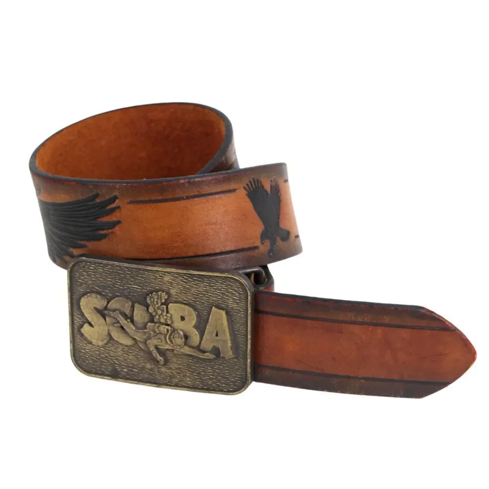 SCUBA TOOLED BROWN GENUINE LEATHER 1 5/8